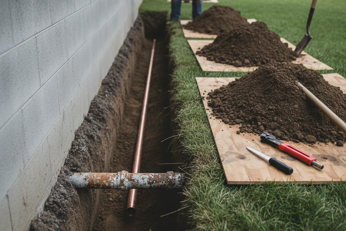 Excavated water line trench during Water Softener Installation in Bayside